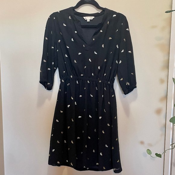 Yumi Women's Midi Dress Black Sheer Metallic Bird Print - Picture 1 of 4